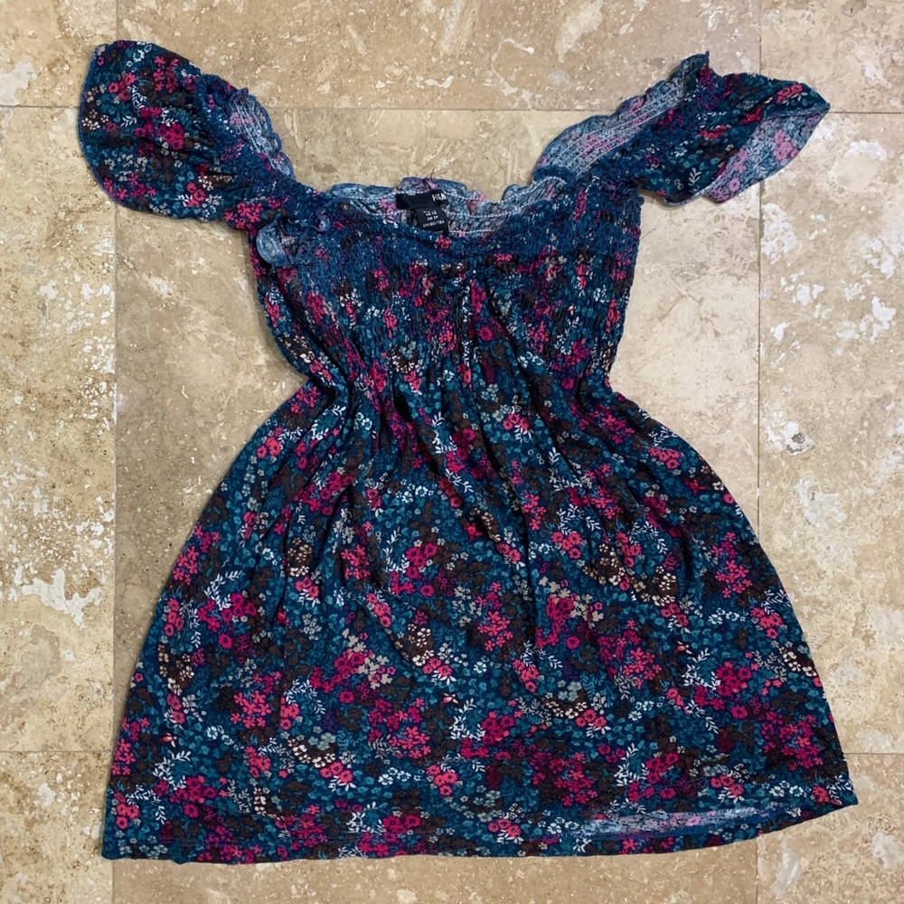 H&M Blue Floral Ruched Babydoll Blouse Top